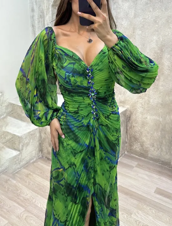 Sale Women's Long Dress Maxi Dress Party Dress Ruched Dress Fashion Party Evening Party Regular Fit Flower Long Sleeve V Neck Yellow Wine Blue Green Summer Women Floral Dresses