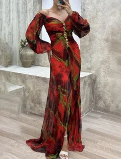 Sale Women's Long Dress Maxi Dress Party Dress Ruched Dress Fashion Party Evening Party Regular Fit Flower Long Sleeve V Neck Yellow Wine Blue Green Summer Women Floral Dresses