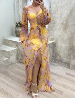Sale Women's Long Dress Maxi Dress Party Dress Ruched Dress Fashion Party Evening Party Regular Fit Flower Long Sleeve V Neck Yellow Wine Blue Green Summer Women Floral Dresses