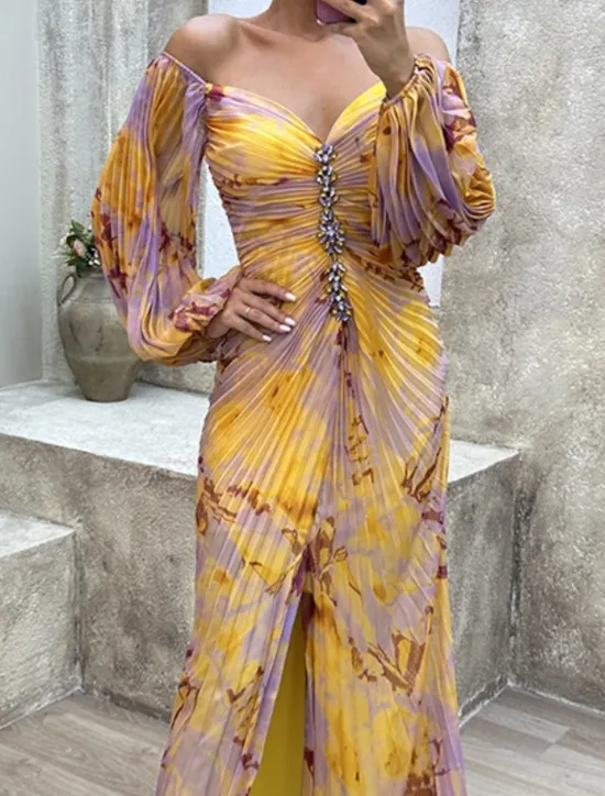 Sale Women's Long Dress Maxi Dress Party Dress Ruched Dress Fashion Party Evening Party Regular Fit Flower Long Sleeve V Neck Yellow Wine Blue Green Summer Women Floral Dresses