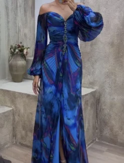 Sale Women's Long Dress Maxi Dress Party Dress Ruched Dress Fashion Party Evening Party Regular Fit Flower Long Sleeve V Neck Yellow Wine Blue Green Summer Women Floral Dresses