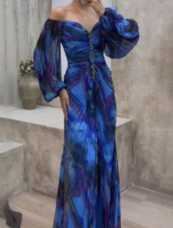 Sale Women's Long Dress Maxi Dress Party Dress Ruched Dress Fashion Party Evening Party Regular Fit Flower Long Sleeve V Neck Yellow Wine Blue Green Summer Women Floral Dresses