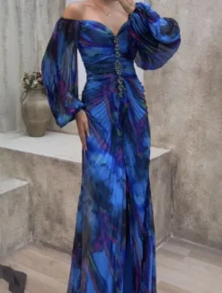 Sale Women's Long Dress Maxi Dress Party Dress Ruched Dress Fashion Party Evening Party Regular Fit Flower Long Sleeve V Neck Yellow Wine Blue Green Summer Women Floral Dresses