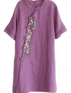 Online Women's Long Dress Maxi Dress Linen-Inspired Dresses Casual Dress Vintage Stylish Casual Vacation Daily Regular Fit Floral Short Sleeve Stand Collar Blue Purple Summer Women Spring Dresses