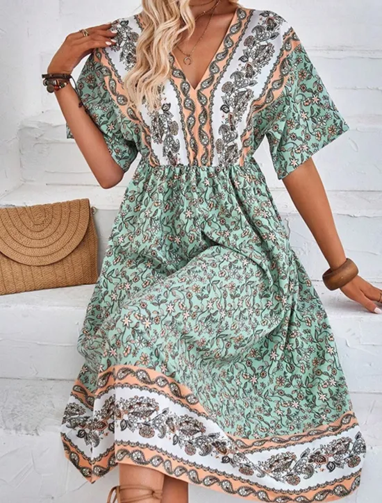 Best Women's Long Dress Maxi Dress A Line Dress Summer Dress Boho Dress Elegant Hawaiian Stylish Vacation Daily Date Regular Fit Floral Short Sleeve V Neck Summer Women Spring Dresses