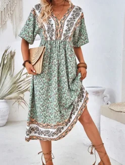 Best Women's Long Dress Maxi Dress A Line Dress Summer Dress Boho Dress Elegant Hawaiian Stylish Vacation Daily Date Regular Fit Floral Short Sleeve V Neck Summer Women Spring Dresses