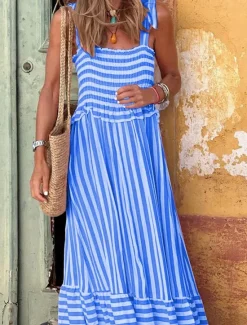 Online Women's Long Dress Maxi Dress Summer Dress Cami Dress Hawaiian Stylish Casual Vacation Daily Date Regular Fit Stripe Sleeveless Square Neck Pink Blue Summer Women Spring Dresses