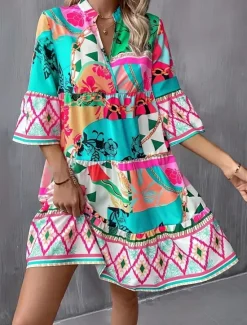 Sale Women's Long Dress Maxi Dress Casual Dress A Line Dress Elegant Stylish Basic Flared Sleeve Vacation Daily Regular Fit Geometric Half Sleeve V Neck Blue Green Summer Spring Women Vacation Dresses