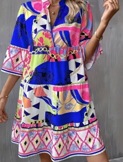 Sale Women's Long Dress Maxi Dress Casual Dress A Line Dress Elegant Stylish Basic Flared Sleeve Vacation Daily Regular Fit Geometric Half Sleeve V Neck Blue Green Summer Spring Women Vacation Dresses