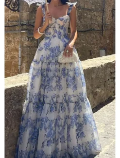 Discount Women's Long Dress Maxi Dress Party Dress Cocktail Dress Fashion Party Special Occasion Regular Fit Flower Sleeveless Spaghetti Strap Blue Light Purple Summer Women Floral Dresses