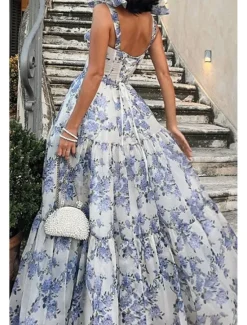 Discount Women's Long Dress Maxi Dress Party Dress Cocktail Dress Fashion Party Special Occasion Regular Fit Flower Sleeveless Spaghetti Strap Blue Light Purple Summer Women Floral Dresses