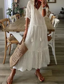 New Women's Long Dress Maxi Dress Maxi Dress Dress Casual Dress Swing Dress A Line Dress Vintage Streetwear Maxi Vacation Holiday Date Regular Fit Dot Half Sleeve V Neck Red Blue Summer Women White Dresses