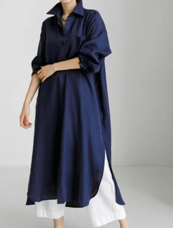 Online Women's Long Dress Maxi Dress Linen-Inspired Dresses Shirt Dress Casual Dress Cotton Linen Dress Stylish Casual Vacation Daily Date Regular Fit Plain Long Sleeve Lapel Black Navy Blue Apricot Summer Women Dresses
