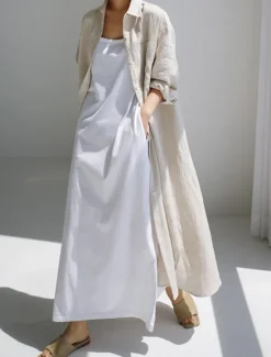 Online Women's Long Dress Maxi Dress Linen-Inspired Dresses Shirt Dress Casual Dress Cotton Linen Dress Stylish Casual Vacation Daily Date Regular Fit Plain Long Sleeve Lapel Black Navy Blue Apricot Summer Women Dresses