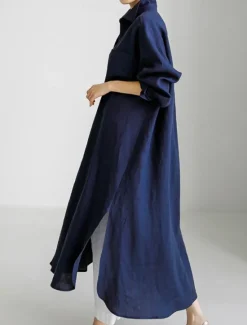 Online Women's Long Dress Maxi Dress Linen-Inspired Dresses Shirt Dress Casual Dress Cotton Linen Dress Stylish Casual Vacation Daily Date Regular Fit Plain Long Sleeve Lapel Black Navy Blue Apricot Summer Women Dresses