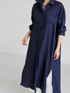 Online Women's Long Dress Maxi Dress Linen-Inspired Dresses Shirt Dress Casual Dress Cotton Linen Dress Stylish Casual Vacation Daily Date Regular Fit Plain Long Sleeve Lapel Black Navy Blue Apricot Summer Women Dresses