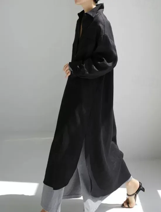 Online Women's Long Dress Maxi Dress Linen-Inspired Dresses Shirt Dress Casual Dress Cotton Linen Dress Stylish Casual Vacation Daily Date Regular Fit Plain Long Sleeve Lapel Black Navy Blue Apricot Summer Women Dresses