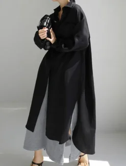 Online Women's Long Dress Maxi Dress Linen-Inspired Dresses Shirt Dress Casual Dress Cotton Linen Dress Stylish Casual Vacation Daily Date Regular Fit Plain Long Sleeve Lapel Black Navy Blue Apricot Summer Women Dresses
