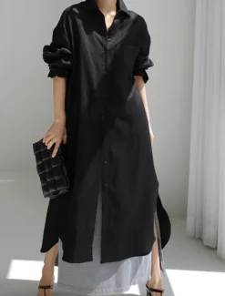 Online Women's Long Dress Maxi Dress Linen-Inspired Dresses Shirt Dress Casual Dress Cotton Linen Dress Stylish Casual Vacation Daily Date Regular Fit Plain Long Sleeve Lapel Black Navy Blue Apricot Summer Women Dresses