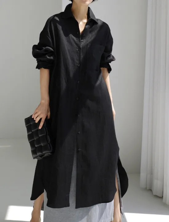 Online Women's Long Dress Maxi Dress Linen-Inspired Dresses Shirt Dress Casual Dress Cotton Linen Dress Stylish Casual Vacation Daily Date Regular Fit Plain Long Sleeve Lapel Black Navy Blue Apricot Summer Women Dresses