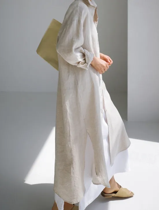Online Women's Long Dress Maxi Dress Linen-Inspired Dresses Shirt Dress Casual Dress Cotton Linen Dress Stylish Casual Vacation Daily Date Regular Fit Plain Long Sleeve Lapel Black Navy Blue Apricot Summer Women Dresses
