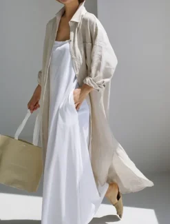 Online Women's Long Dress Maxi Dress Linen-Inspired Dresses Shirt Dress Casual Dress Cotton Linen Dress Stylish Casual Vacation Daily Date Regular Fit Plain Long Sleeve Lapel Black Navy Blue Apricot Summer Women Dresses