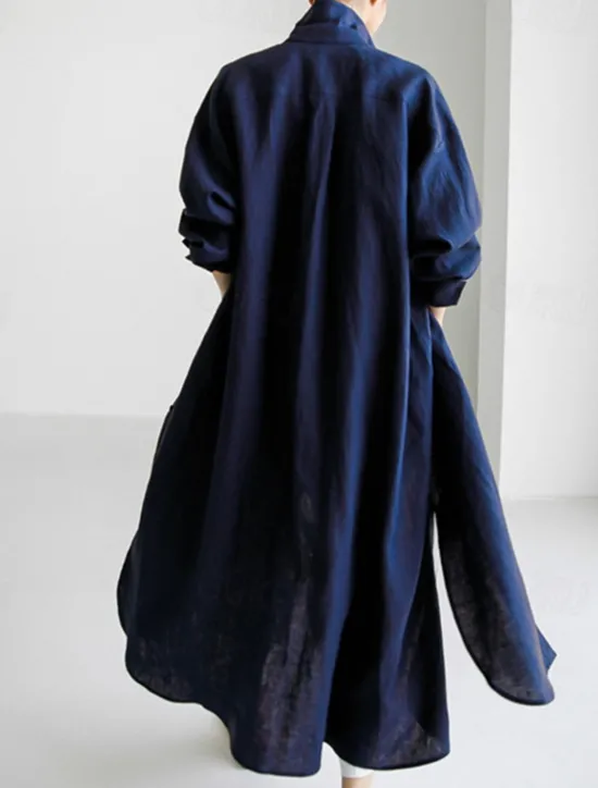 Online Women's Long Dress Maxi Dress Linen-Inspired Dresses Shirt Dress Casual Dress Cotton Linen Dress Stylish Casual Vacation Daily Date Regular Fit Plain Long Sleeve Lapel Black Navy Blue Apricot Summer Women Dresses