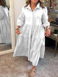 Hot Women's Long Dress Maxi Dress Cotton Linen Dresses Shirt Dress Casual Dress Stylish Basic Casual Vacation Daily Loose Fit Plain Long Sleeve Shirt Collar White Green Dark Gray Light Blue Spring Fall Women Dresses