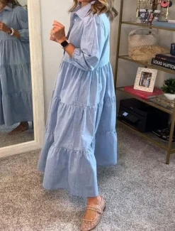 Hot Women's Long Dress Maxi Dress Cotton Linen Dresses Shirt Dress Casual Dress Stylish Basic Casual Vacation Daily Loose Fit Plain Long Sleeve Shirt Collar White Green Dark Gray Light Blue Spring Fall Women Dresses