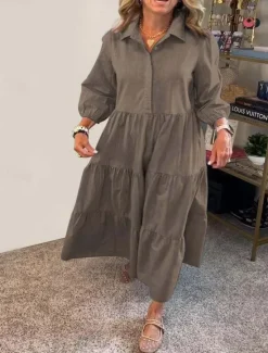 Hot Women's Long Dress Maxi Dress Cotton Linen Dresses Shirt Dress Casual Dress Stylish Basic Casual Vacation Daily Loose Fit Plain Long Sleeve Shirt Collar White Green Dark Gray Light Blue Spring Fall Women Dresses