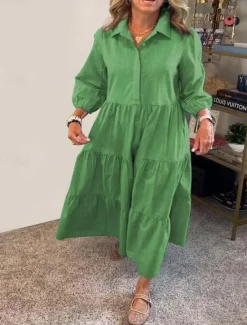 Hot Women's Long Dress Maxi Dress Cotton Linen Dresses Shirt Dress Casual Dress Stylish Basic Casual Vacation Daily Loose Fit Plain Long Sleeve Shirt Collar White Green Dark Gray Light Blue Spring Fall Women Dresses
