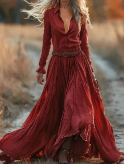 Sale Women's Long Dress Maxi Dress Casual Dress Swing Dress Summer Dress Boho Dress Vintage Vacation Daily Holiday Regular Fit Pure Color Long Sleeve V Neck Red Summer Women Floral Dresses