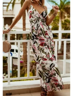 Online Women's Long Dress Maxi Dress Slip Dress Print Dress Fashion Outdoor Holiday Tea Party Regular Fit Flower Sleeveless Spaghetti Strap Black White Green Summer Women Floral Dresses