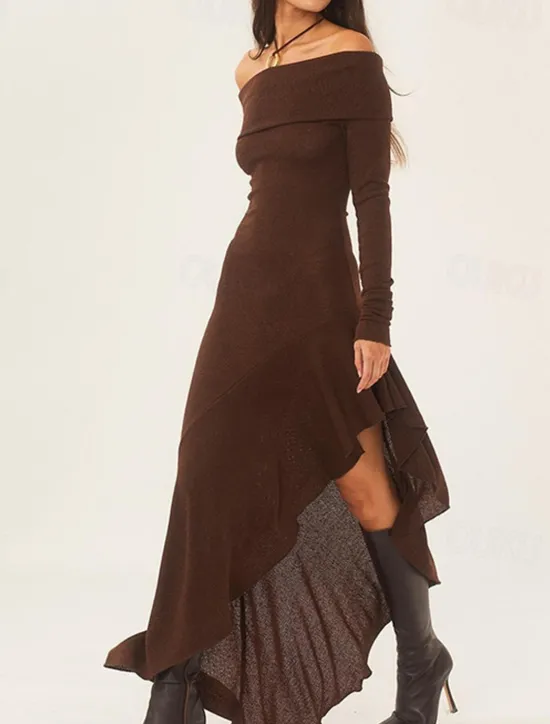 New Women's Long Dress Maxi Dress White Dress Graduation Dress Prom Dress Party Dress Fashion Party Evening Party Regular Fit Plain Long Sleeve Off Shoulder Black White Brown Summer Women White Dresses