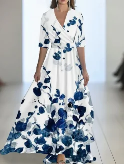 Best Women's Long Dress Maxi Dress Casual Dress Swing Dress Summer Dress Elegant Fashion Romantic Outdoor Party Holiday Regular Fit Flower Half Sleeve V Neck Blue Khaki Summer Women Floral Dresses