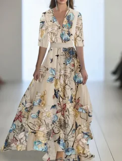 Best Women's Long Dress Maxi Dress Casual Dress Swing Dress Summer Dress Elegant Fashion Romantic Outdoor Party Holiday Regular Fit Flower Half Sleeve V Neck Blue Khaki Summer Women Floral Dresses