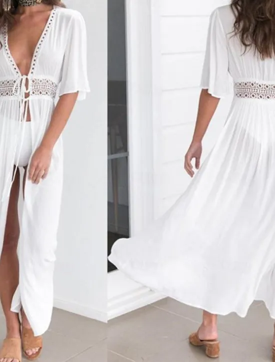 Women's Long Dress Maxi Dress White Dress Summer Dress Boho Dress Cover Up A Line Vacation Holiday Beach Regular Fit Half Sleeve V Neck Black White Blue Summer Women White Dresses