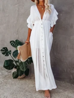 Women's Long Dress Maxi Dress Party Dress Casual Dress Swing Dress Pure Color Fashion Casual Outdoor Daily Vacation Ruffle Backless Short Sleeve V Neck Dress Loose Fit ArmyGreen White Red Summer Women White Dresses