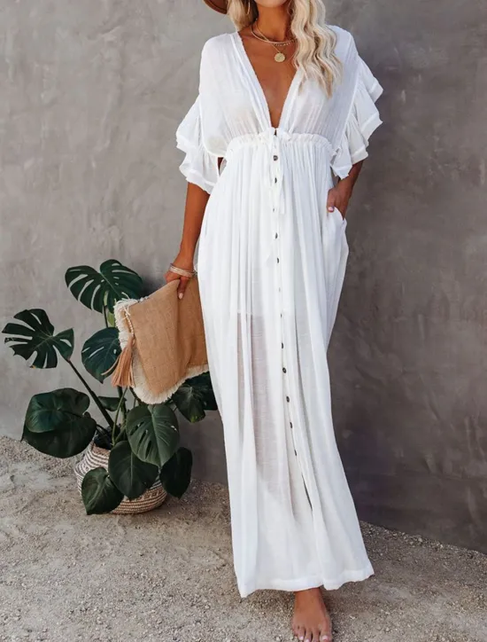 Women's Long Dress Maxi Dress Party Dress Casual Dress Swing Dress Pure Color Fashion Casual Outdoor Daily Vacation Ruffle Backless Short Sleeve V Neck Dress Loose Fit ArmyGreen White Red Summer Women White Dresses