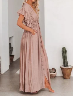 Women's Long Dress Maxi Dress Party Dress Casual Dress Swing Dress Pure Color Fashion Casual Outdoor Daily Vacation Ruffle Backless Short Sleeve V Neck Dress Loose Fit ArmyGreen White Red Summer Women White Dresses