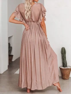 Women's Long Dress Maxi Dress Party Dress Casual Dress Swing Dress Pure Color Fashion Casual Outdoor Daily Vacation Ruffle Backless Short Sleeve V Neck Dress Loose Fit ArmyGreen White Red Summer Women White Dresses