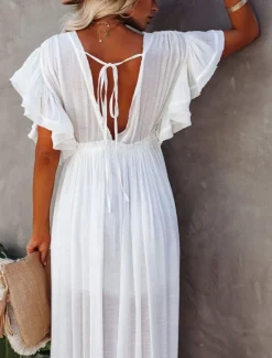 Women's Long Dress Maxi Dress Party Dress Casual Dress Swing Dress Pure Color Fashion Casual Outdoor Daily Vacation Ruffle Backless Short Sleeve V Neck Dress Loose Fit ArmyGreen White Red Summer Women White Dresses