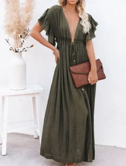 Women's Long Dress Maxi Dress Party Dress Casual Dress Swing Dress Pure Color Fashion Casual Outdoor Daily Vacation Ruffle Backless Short Sleeve V Neck Dress Loose Fit ArmyGreen White Red Summer Women White Dresses