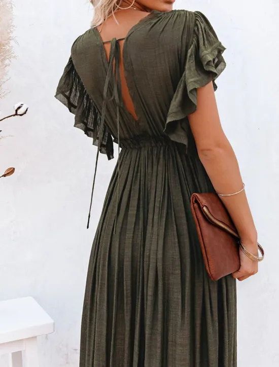 Women's Long Dress Maxi Dress Party Dress Casual Dress Swing Dress Pure Color Fashion Casual Outdoor Daily Vacation Ruffle Backless Short Sleeve V Neck Dress Loose Fit ArmyGreen White Red Summer Women White Dresses