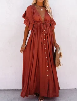 Women's Long Dress Maxi Dress Party Dress Casual Dress Swing Dress Pure Color Fashion Casual Outdoor Daily Vacation Ruffle Backless Short Sleeve V Neck Dress Loose Fit ArmyGreen White Red Summer Women White Dresses