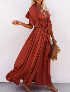 Women's Long Dress Maxi Dress Party Dress Casual Dress Swing Dress Pure Color Fashion Casual Outdoor Daily Vacation Ruffle Backless Short Sleeve V Neck Dress Loose Fit ArmyGreen White Red Summer Women White Dresses
