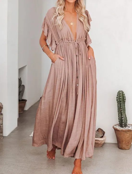Women's Long Dress Maxi Dress Party Dress Casual Dress Swing Dress Pure Color Fashion Casual Outdoor Daily Vacation Ruffle Backless Short Sleeve V Neck Dress Loose Fit ArmyGreen White Red Summer Women White Dresses