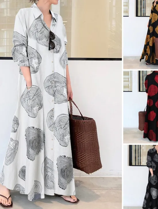 New Women's Long Dress Maxi Dress Cotton Linen Dress Print Dress Fashion Daily Weekend Regular Fit Flower Long Sleeve Shirt Collar Black White Yellow Red Summer Women Floral Dresses