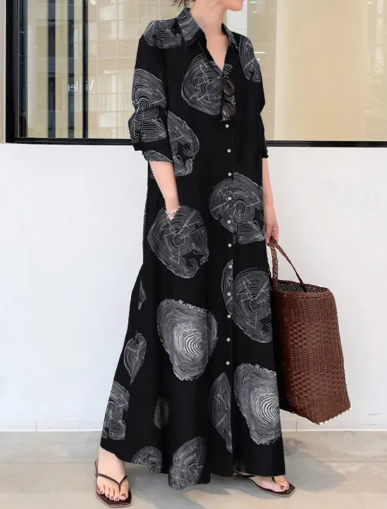 New Women's Long Dress Maxi Dress Cotton Linen Dress Print Dress Fashion Daily Weekend Regular Fit Flower Long Sleeve Shirt Collar Black White Yellow Red Summer Women Floral Dresses