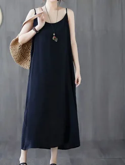 Outlet Women's Long Dress Maxi Dress Cotton Linen Dresses Casual Dress Slip Dress Basic Casual Vacation Casual Daily Regular Fit Plain Sleeveless Strap Black White Pink Blue Summer Spring Women Dresses